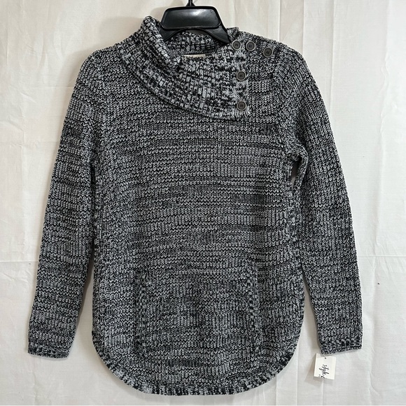 Style & Co Womens Cowl Neck with Buttons Curved Hem Sweater Black Grey Petite S - Picture 1 of 11